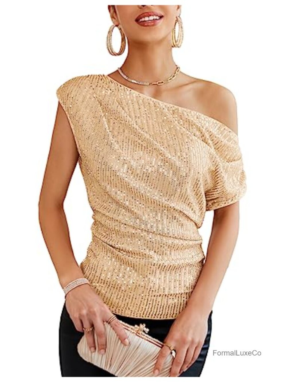One Shoulder Sequin Sparkly Top Women Ruched Glitter Party Shirt
